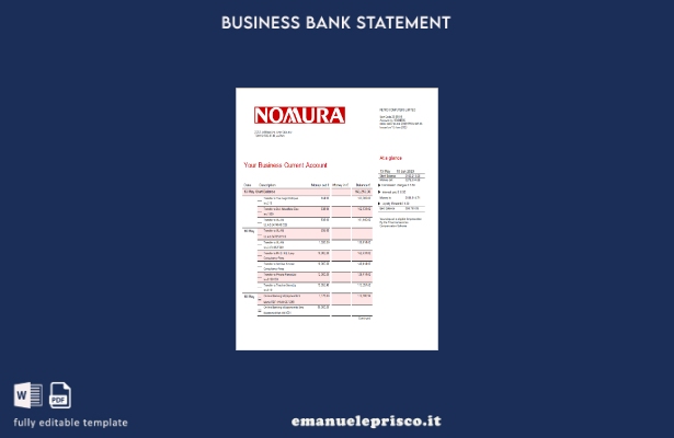 stile verificato Modello di estratto conto aziendale Nomura Bank in Word e PDF